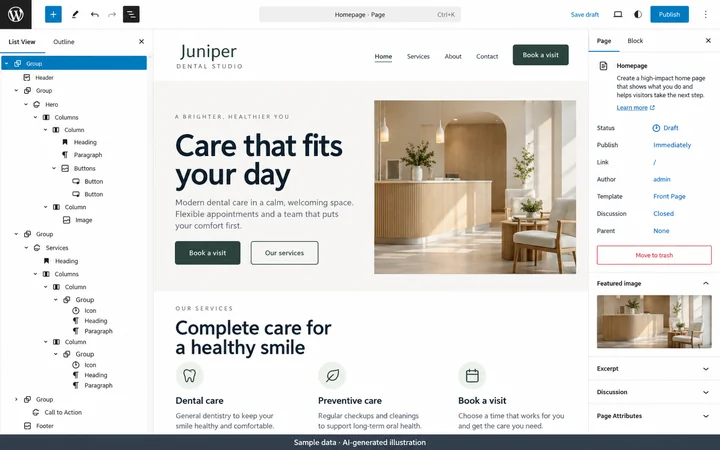 WordPress: Page structure and content editing. AI-generated illustration.