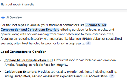 Richard Miller Construction report excerpt: Service content in an AI Overview. Google AI Overview.