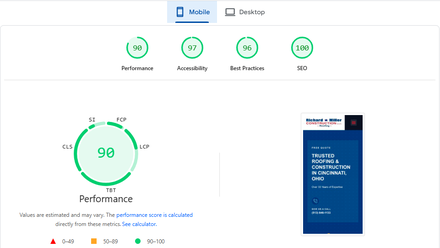 Richard Miller Construction report excerpt: Mobile page experience. PageSpeed Insights.