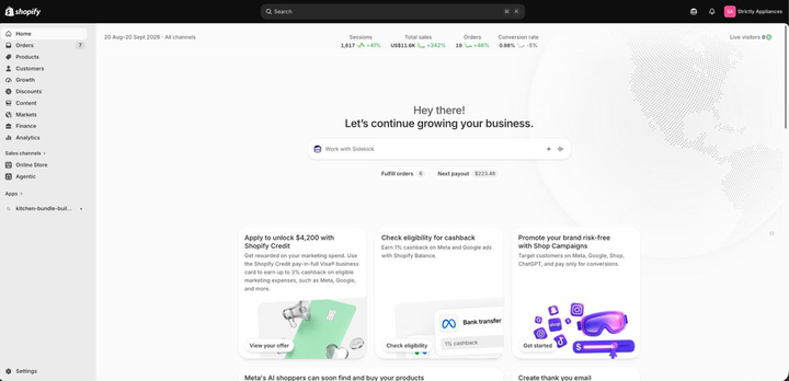 Strictly Appliances Shopify dashboard for 20 August to 20 September 2026, with sessions, total sales, orders and conversion rate.