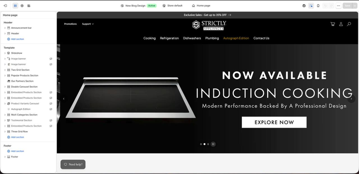 Strictly Appliances Shopify homepage editor showing an induction cooking hero, navigation and section controls.