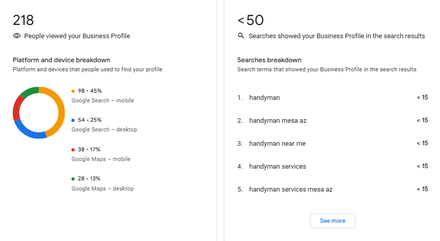 Tom’s Pro Handyman Services report excerpt: Profile discovery and search terms. Google Business Profile.