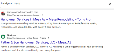 Tom’s Pro Handyman Services report excerpt: Local service content in search. Google Search.