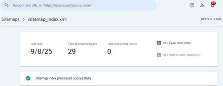 USA Security & Protection Group report excerpt: Sitemap processing status. Google Search Console.