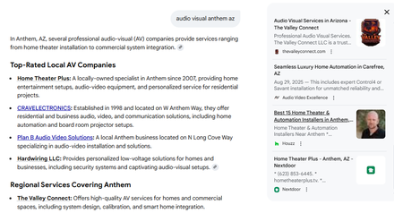 The Valley Connect report excerpt: Audio-visual service visibility in AI search. Google AI Overview.