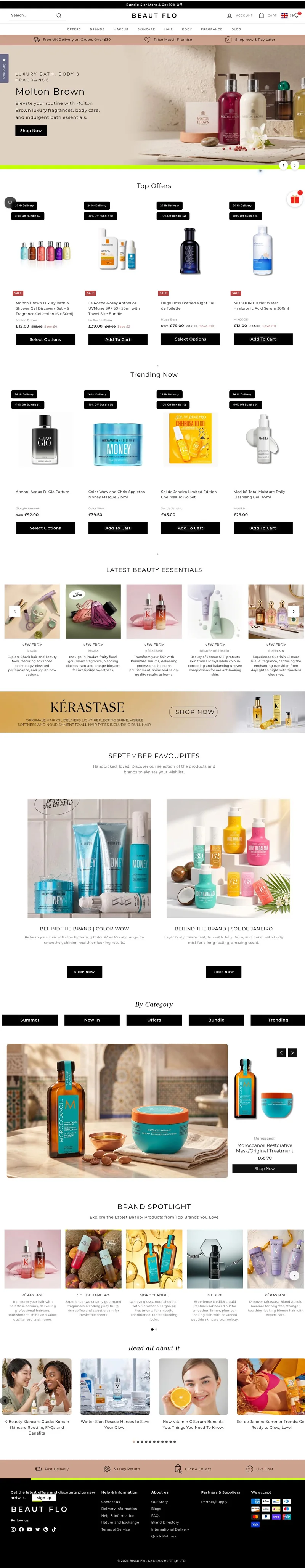 Beaut Flo homepage screenshot showing its navigation, imagery and content.