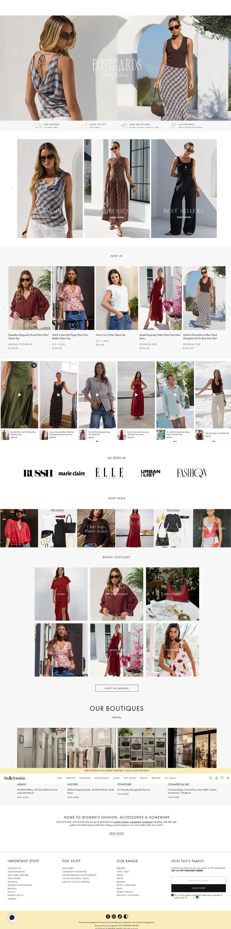 Flo & Frankie homepage screenshot showing its navigation, imagery and content.