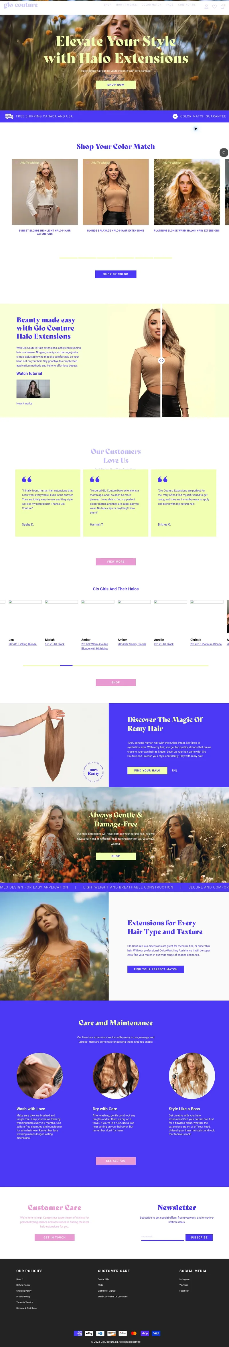 Glo Couture homepage screenshot showing its navigation, imagery and content.