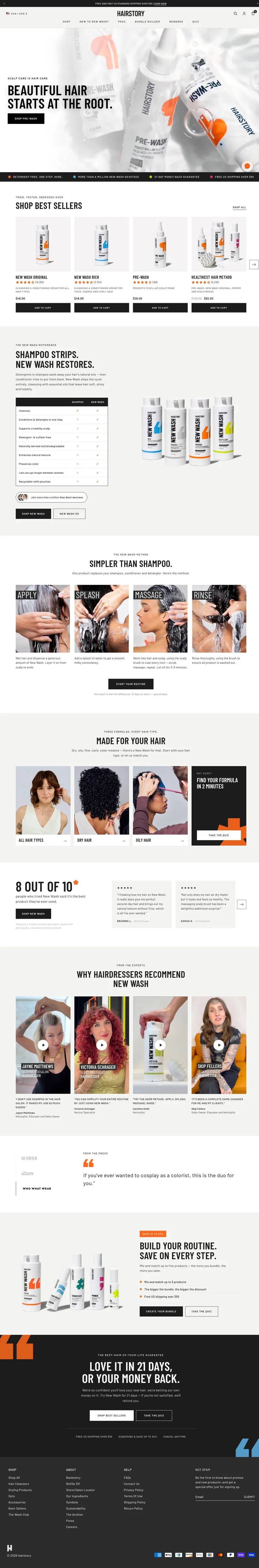 Hairstory homepage screenshot showing its navigation, imagery and content.