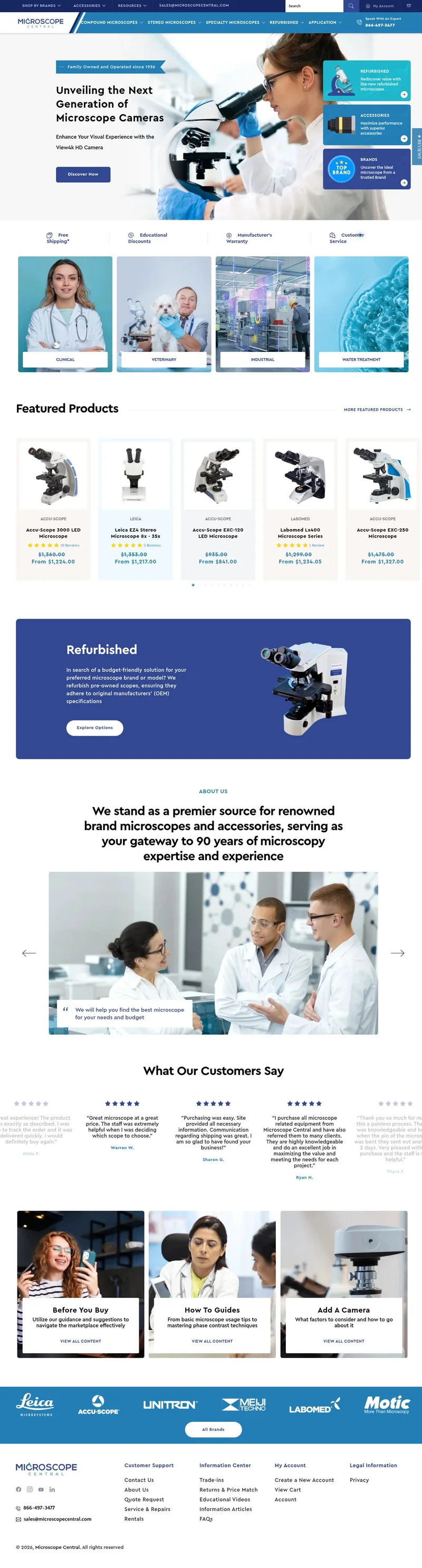 Microscope Central homepage screenshot showing its navigation, imagery and content.