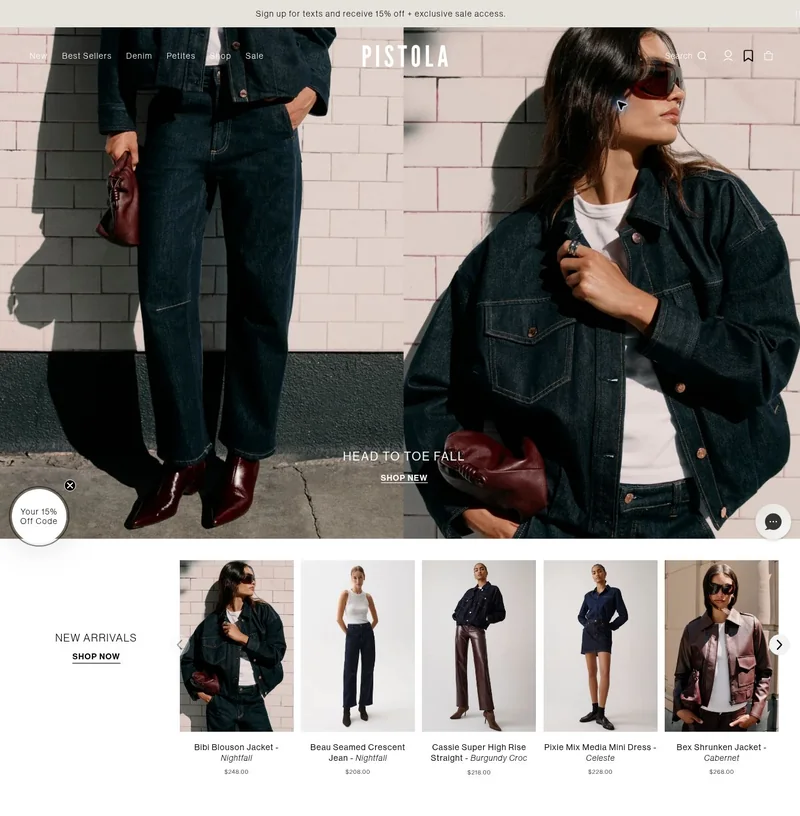 Pistola Denim homepage screenshot showing its navigation, imagery and content.