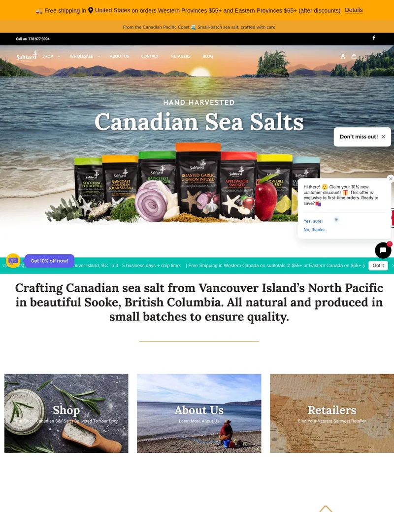 Saltwest Naturals homepage screenshot showing its navigation, imagery and content.