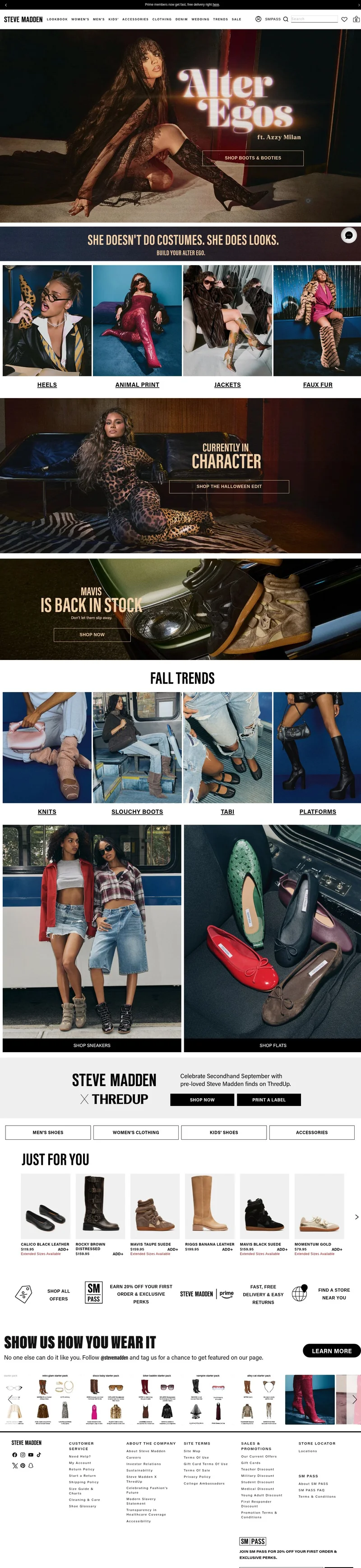 Steve Madden homepage screenshot showing its navigation, imagery and content.