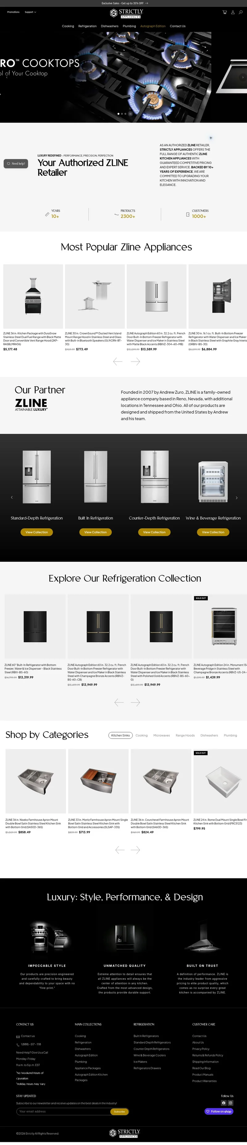 Strictly Appliances homepage screenshot showing its navigation, imagery and content.